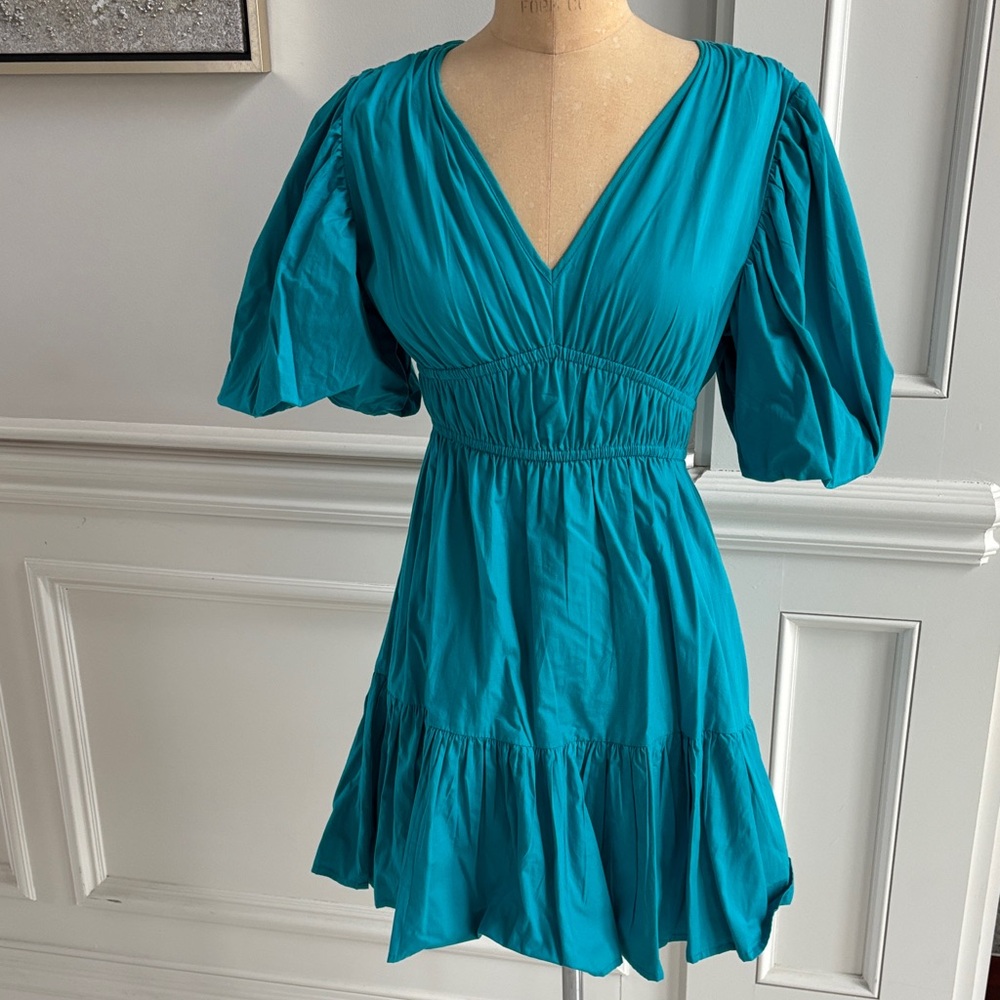 Chic Teal Puff Sleeve Mini Dress in cotton!